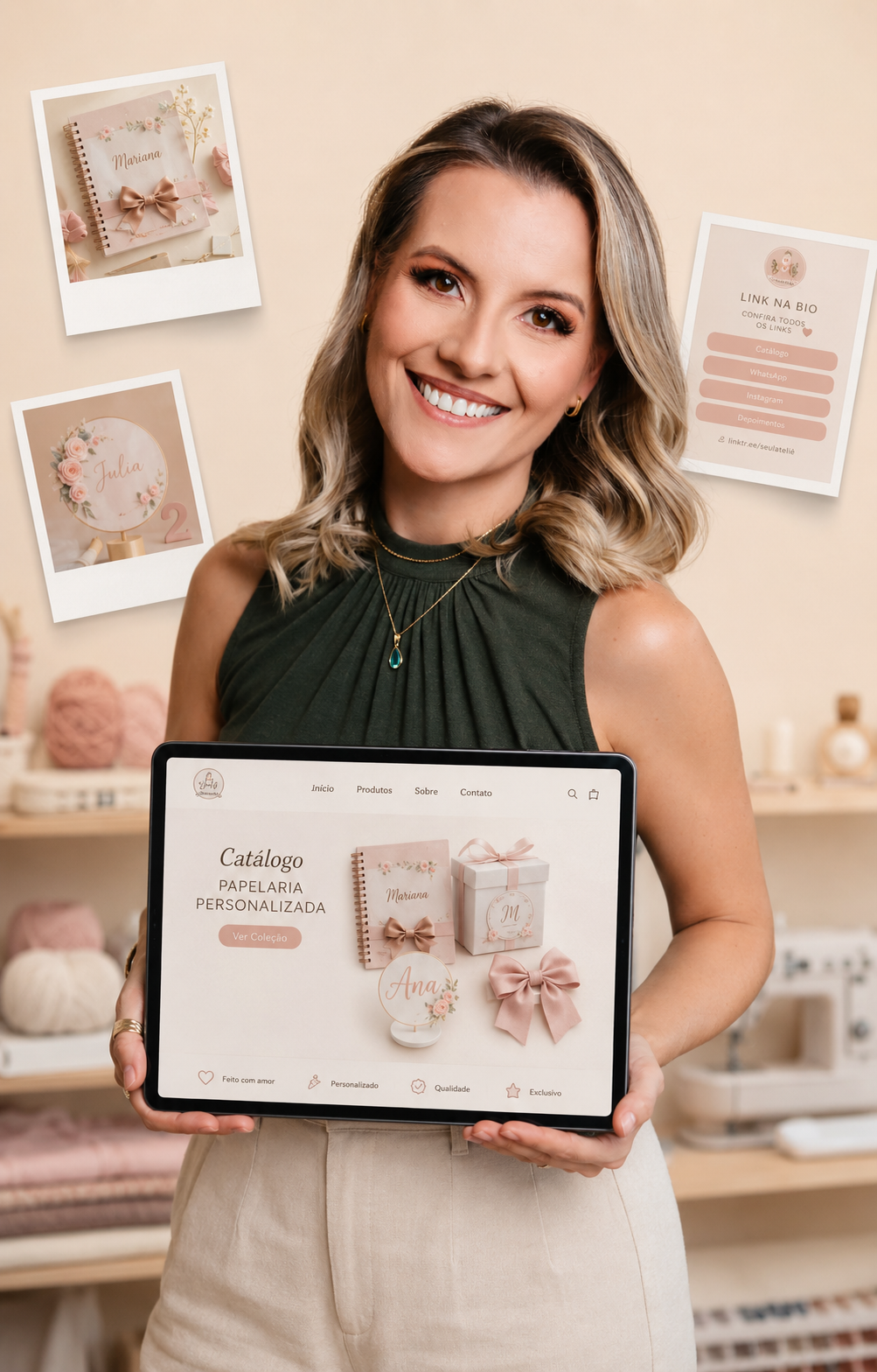 Criadora sorrindo segurando um tablet que mostra o catálogo digital de papelaria personalizada